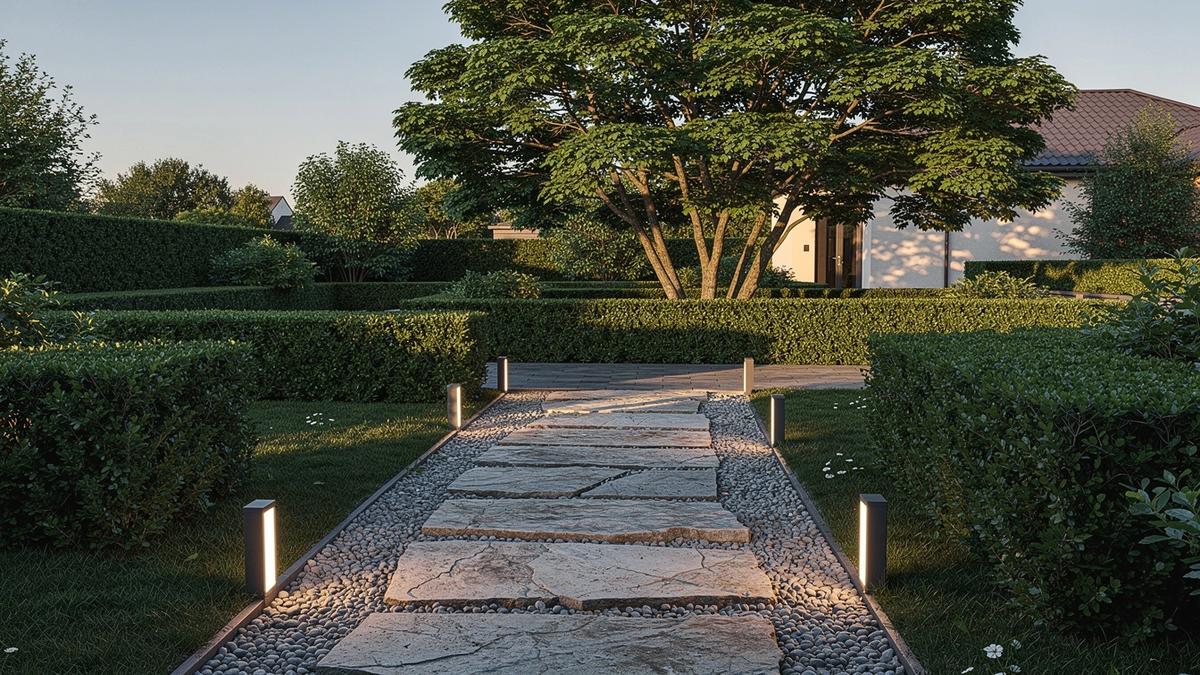 Renovated residential garden with stone path, layered planting and low path lighting